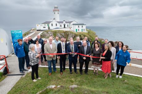 Cathaoirleach Donegal MD, Cllr Liam Blaney cuts the ribbons at the launch of the TIDE Project in Fanad Head on Wednesday.  Photo -Clive Wasson